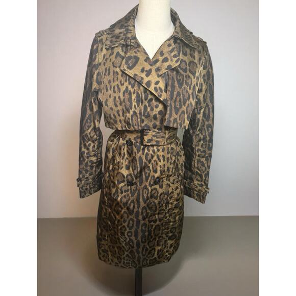 Jane Post Womens Long Leopard Print Belted Trench Coat Jacket Brown Size Small - Picture 1 of 16